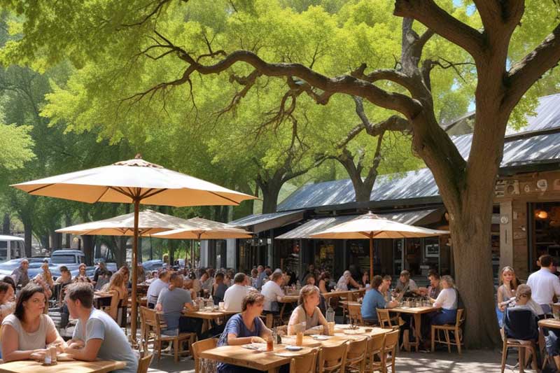 group of diners eating outdoors under umbrellas enjoying a nice meal at a local diner in Rhode Island