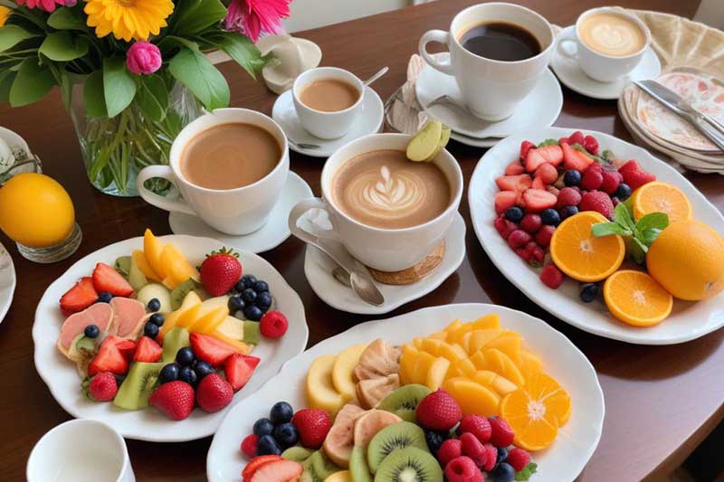 springtime breakfast or brunch feast with fresh fruit, quality coffee, lattes, and more at a local diner